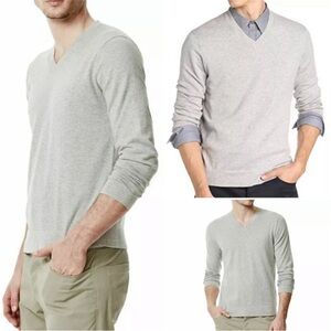 Theory Leiman V Neck Cotton Cashmere Blend Sweater Gray Large